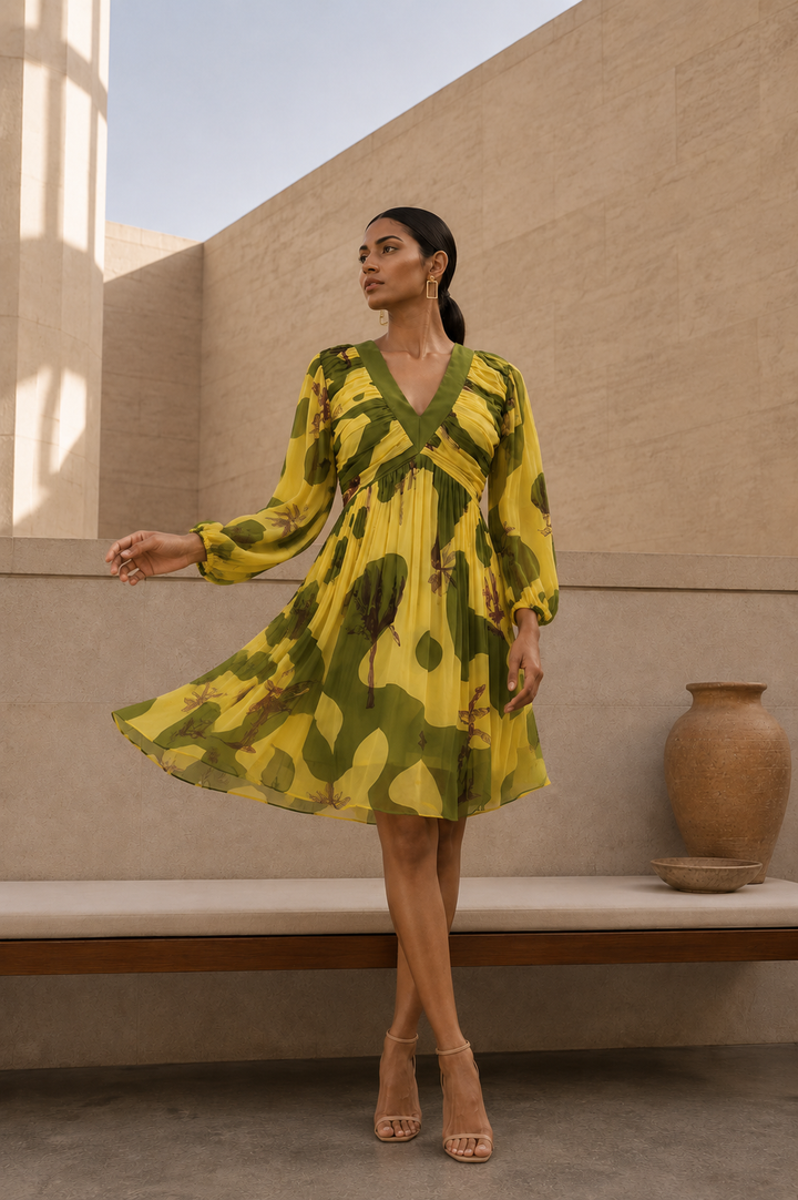 Citrus Fable Mini Dress full length front view showing yellow olive abstract print with V-neck and balloon sleeves