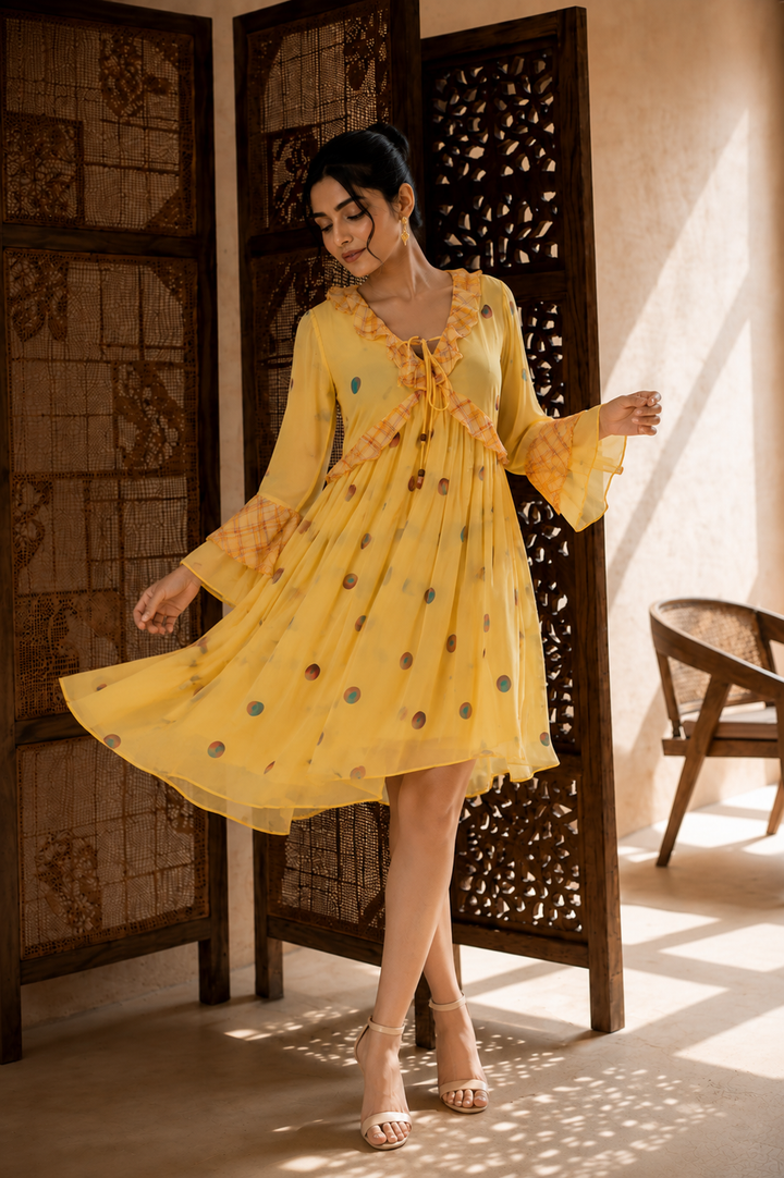 Sunspot Mini Dress full length front view showing yellow polka dot print with ruffle V-neck and bell sleeves