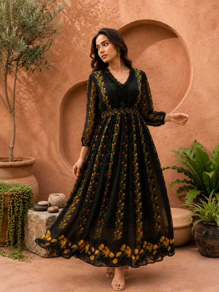 Noir Fleur Maxi Dress full length front view showing black georgette with vibrant yellow orange floral print and lace V-neck