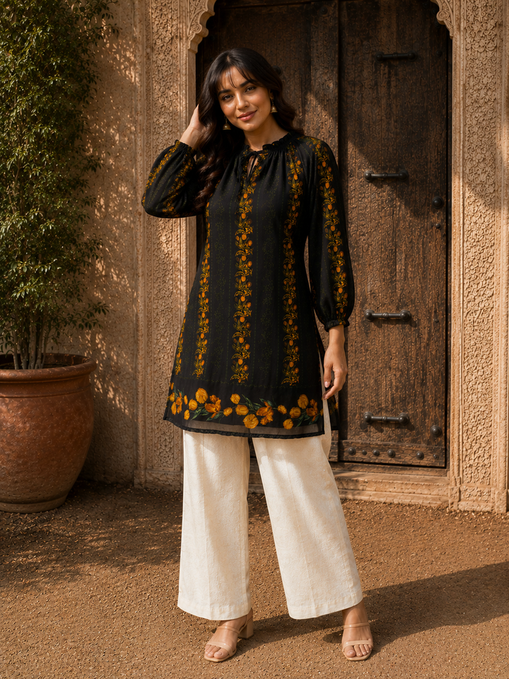 RAAT Black Garden Short Kurti - Marigold Floral Georgette