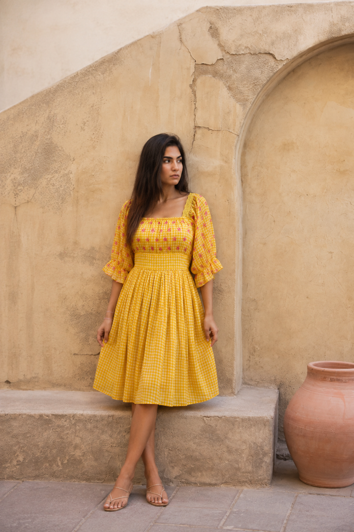 Amber Waltz Mini Dress full length front view showing mustard gingham with embroidered bodice and puff sleeves