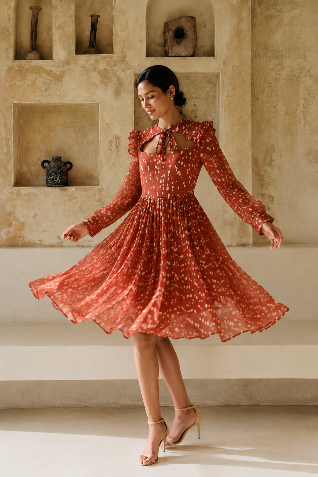 Rust Drift Mini Dress full length twirl shot showing terracotta georgette with gold floral spots and ruffle collar