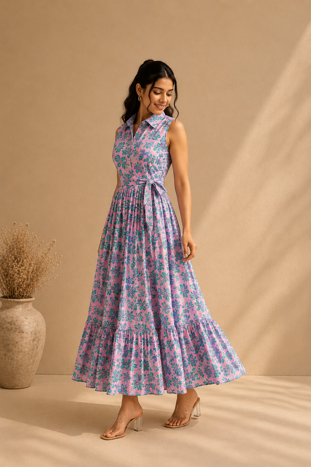 Orchid Lumière Maxi Dress full length front view showing lilac teal floral print with shirt collar and tie belt