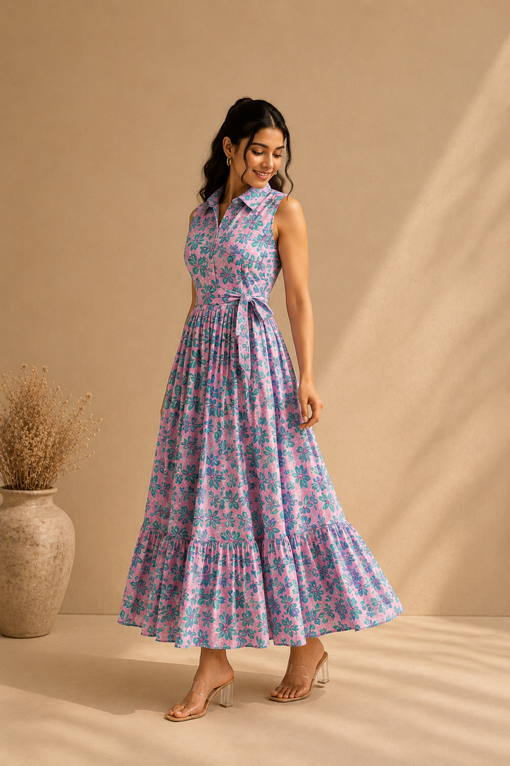 Orchid Lumière Maxi Dress full length front view showing lilac teal floral print with shirt collar and tie belt