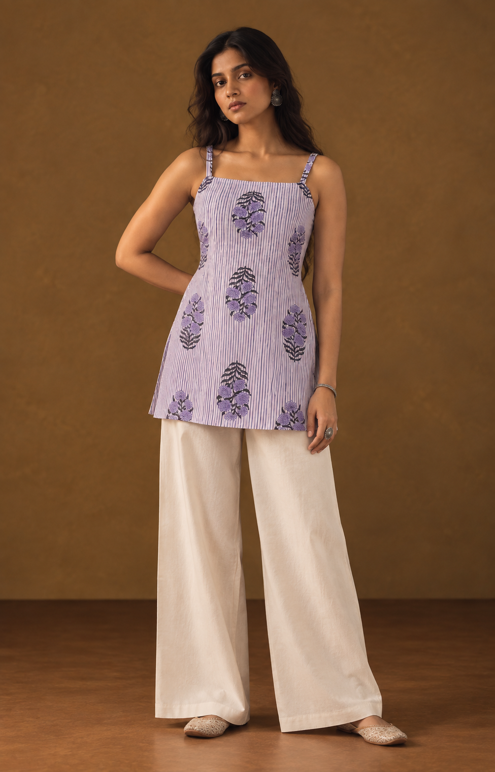 Model wearing a lilac striped sleeveless short kurti with dark floral motifs