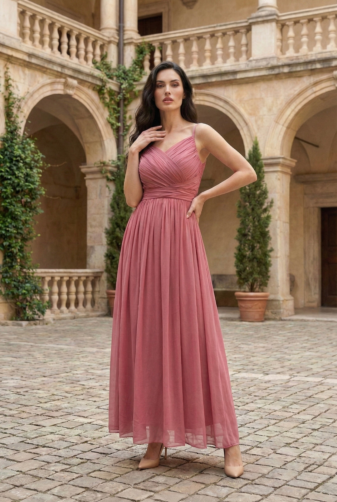 Dusty Rose Pleated Maxi Dress
