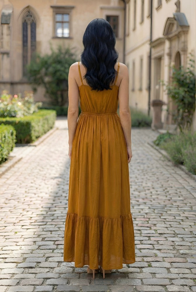 Mustard Bow-Tie Tiered Maxi Dress
