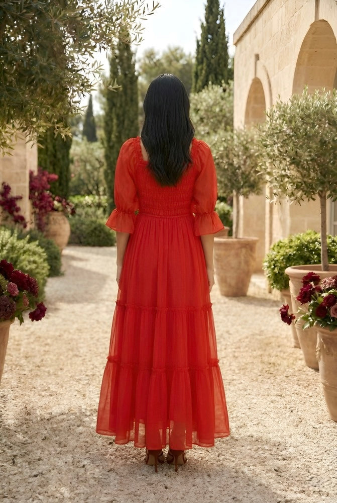 Red Puff Sleeve Tiered Maxi Dress