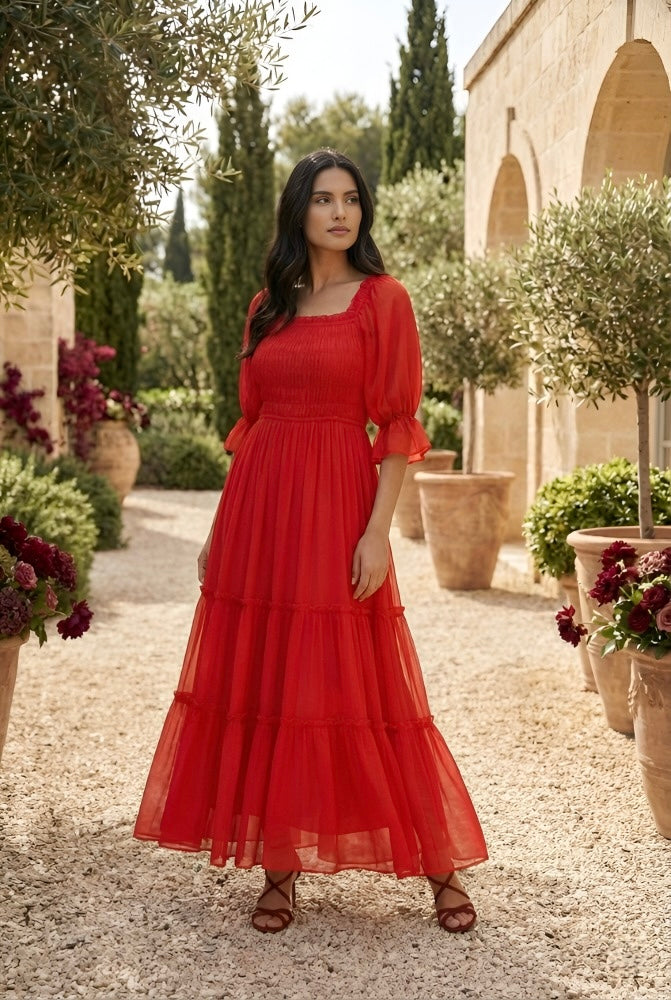 Red Puff Sleeve Tiered Maxi Dress
