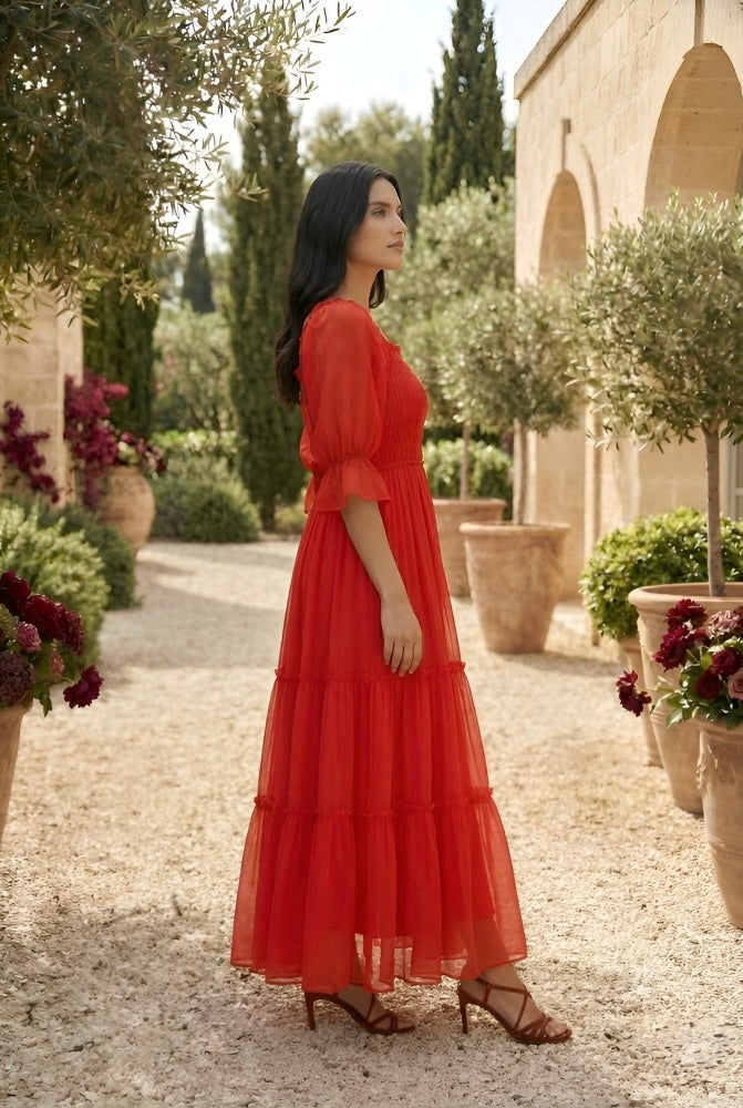 Red Puff Sleeve Tiered Maxi Dress