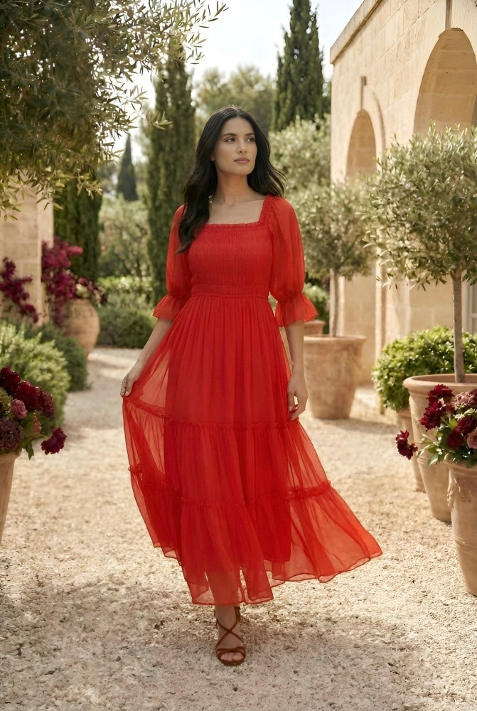 Red Puff Sleeve Tiered Maxi Dress