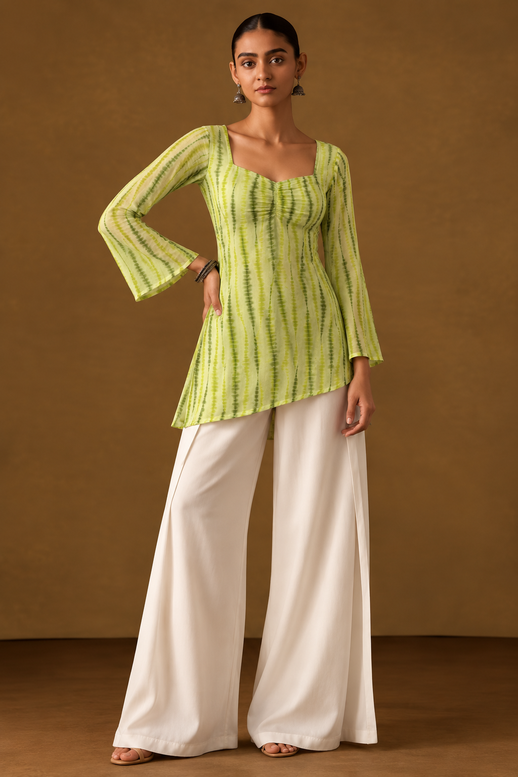 LYRA lime-green vertical stripe short kurti with square neckline and flared sleeves, styled with white palazzos