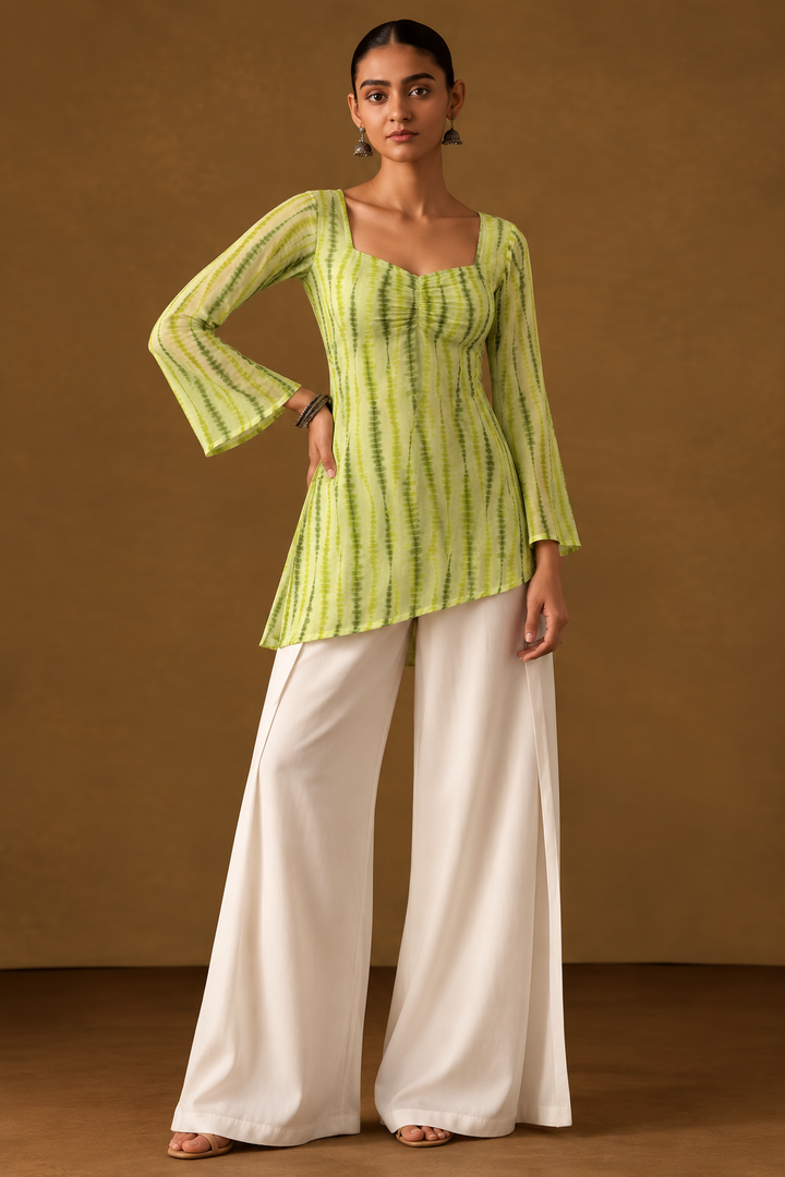 LYRA lime-green vertical stripe short kurti with square neckline and flared sleeves, styled with white palazzos