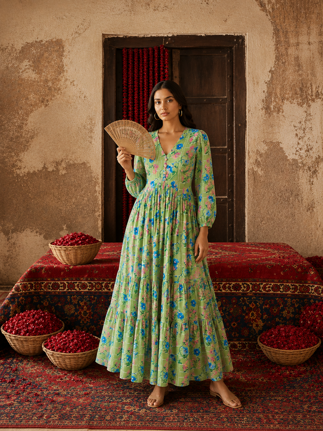 A woman stands indoors wearing a long-sleeve, V-neck maxi dress with a light green base and blue floral print. She holds a beige paper fan and is posed in front of a rustic wall and doorway, with baskets of red berries on a patterned rug around her.