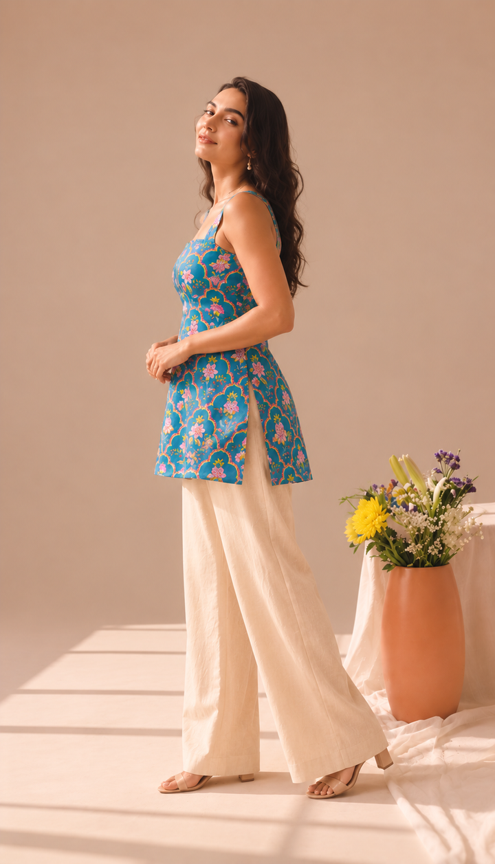 AVA | Teal Floral Short Kurti