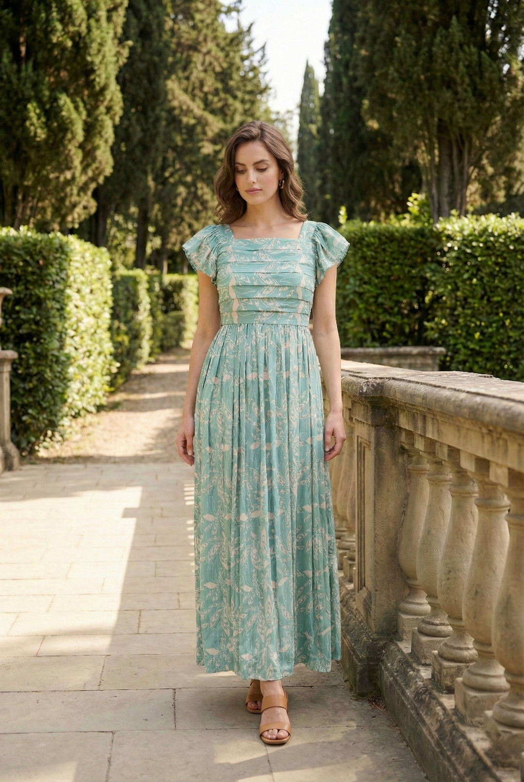Sage Blossom Pintuck Maxi Dress