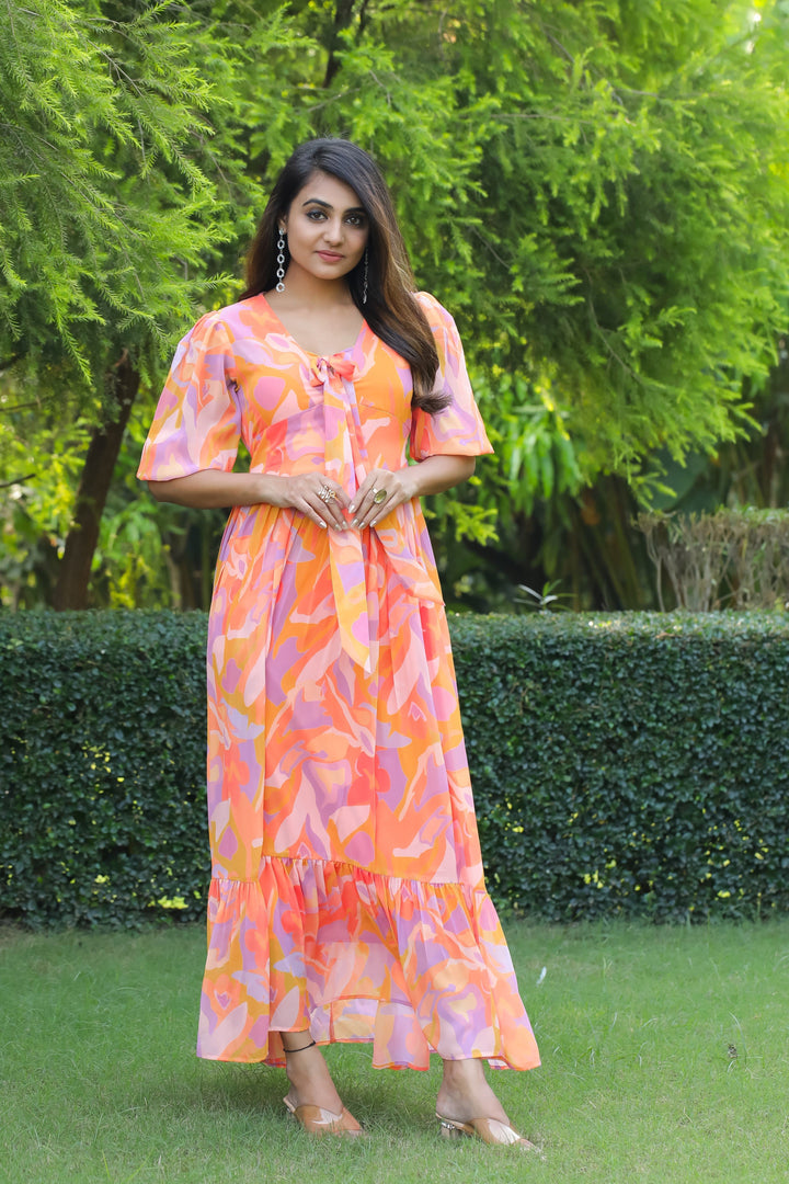 Apricot & Pastel Magenta Maxi Dress - Masakali.Co®