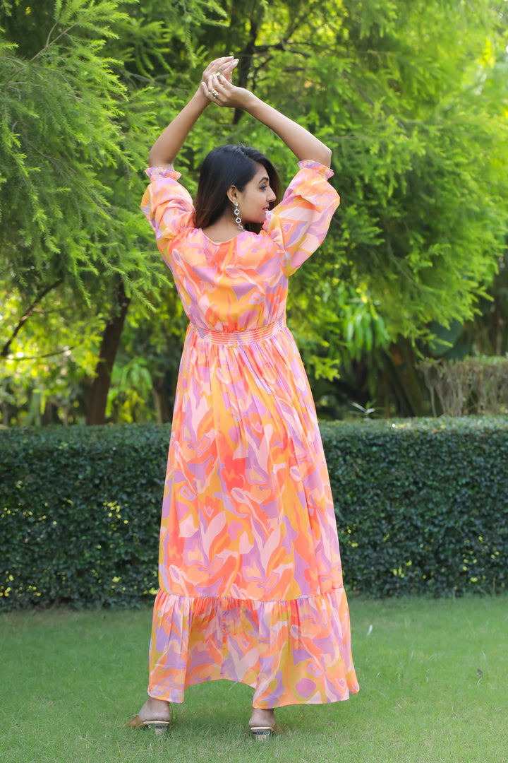 Apricot & Pastel Magenta Maxi Dress - Masakali.Co®