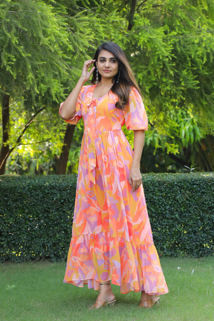 Apricot & Pastel Magenta Maxi Dress - Masakali.Co®