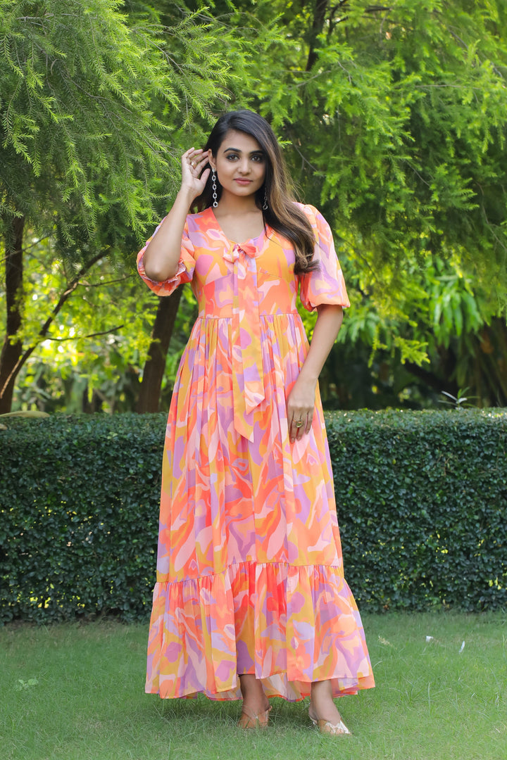 Apricot & Pastel Magenta Maxi Dress - Masakali.Co®