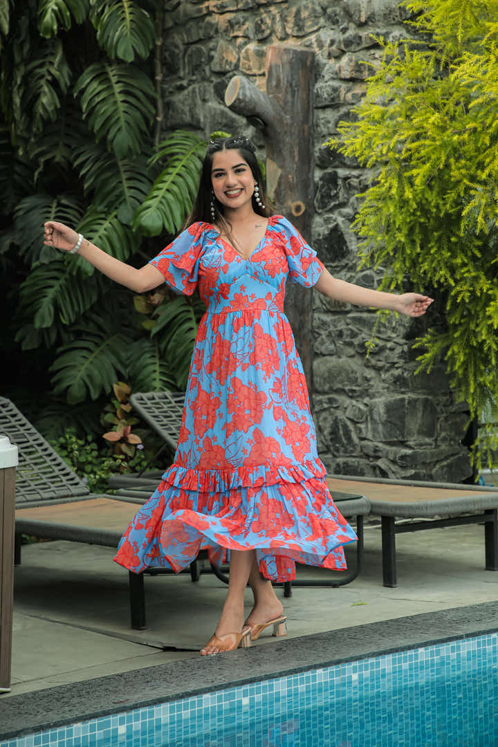 Butterfly Blue & Sunset Orange Maxi Dress - Masakali.Co®
