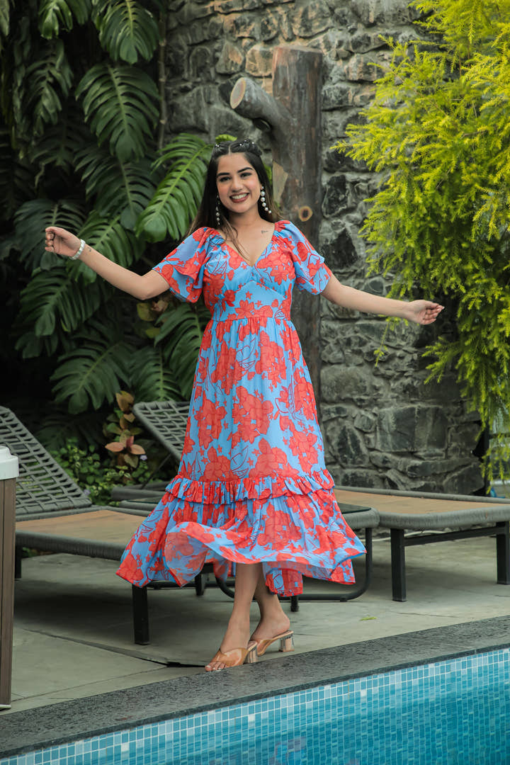 Butterfly Blue & Sunset Orange Maxi Dress - Masakali.Co®