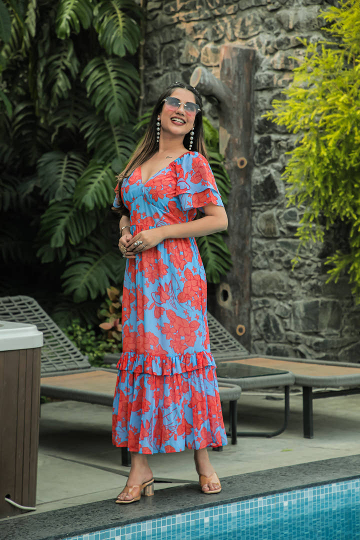 Butterfly Blue & Sunset Orange Maxi Dress - Masakali.Co®