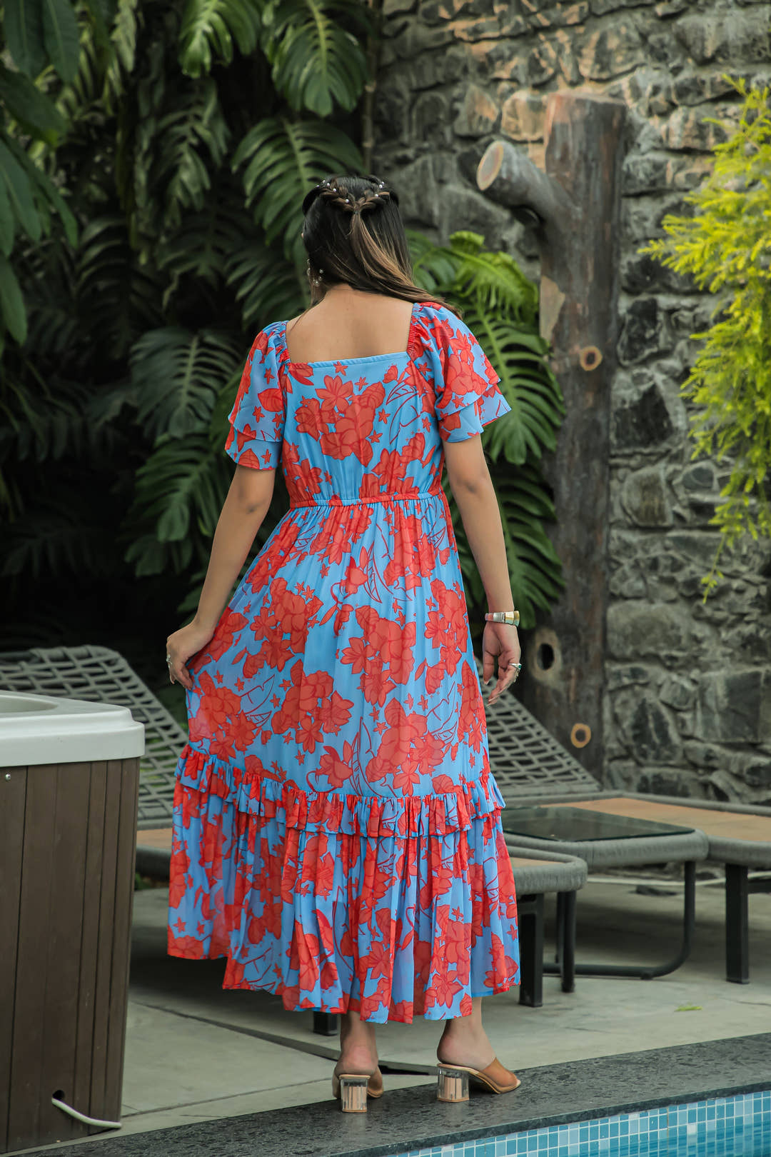 Butterfly Blue & Sunset Orange Maxi Dress - Masakali.Co®