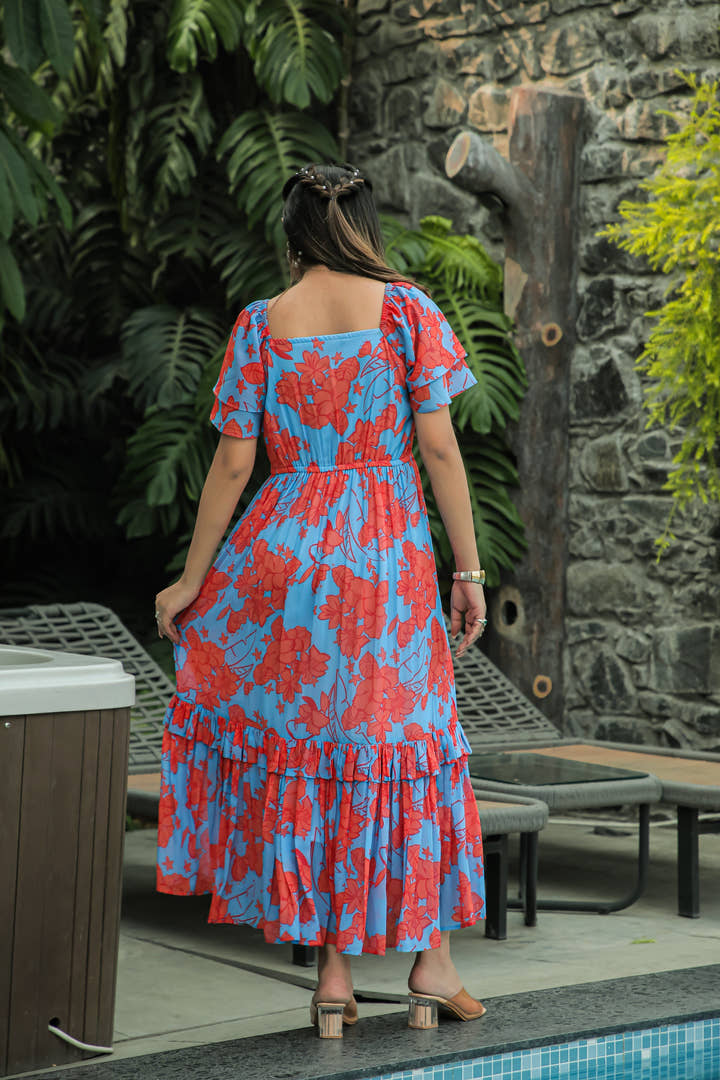 Butterfly Blue & Sunset Orange Maxi Dress - Masakali.Co®