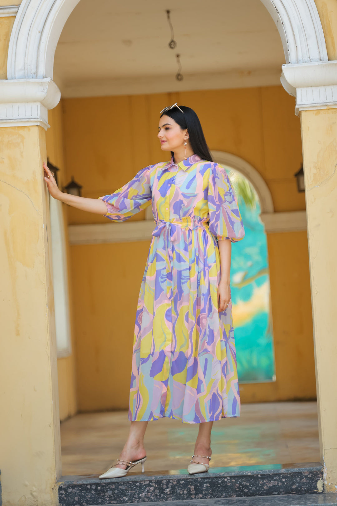 Chalky Yellow & Cold Purple Maxi Dress - Masakali.Co®