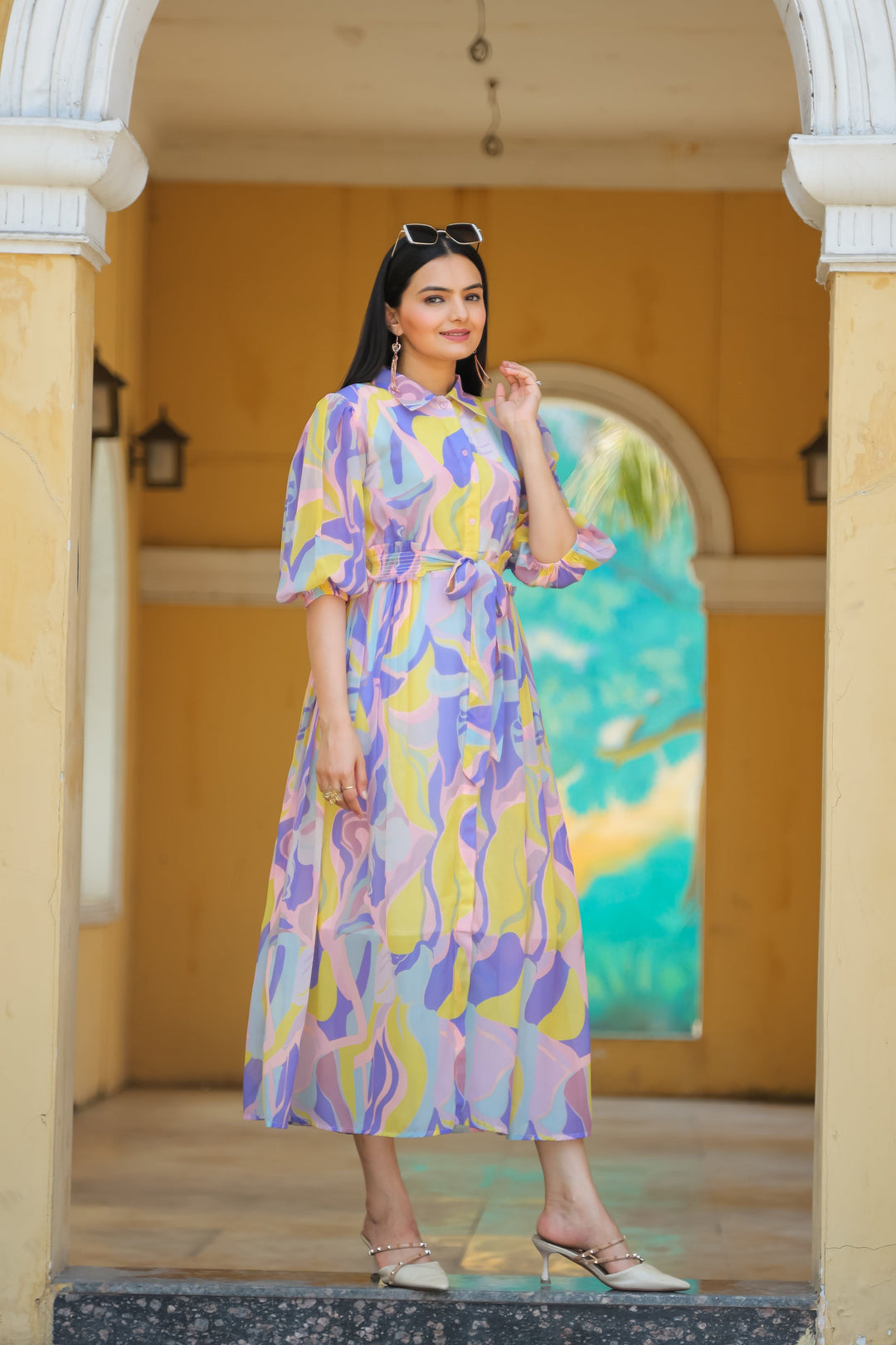 Chalky Yellow & Cold Purple Maxi Dress - Masakali.Co®