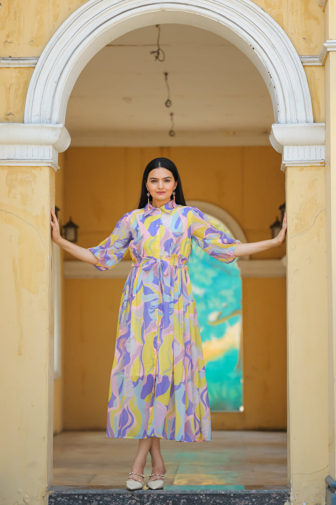 Chalky Yellow & Cold Purple Maxi Dress - Masakali.Co®