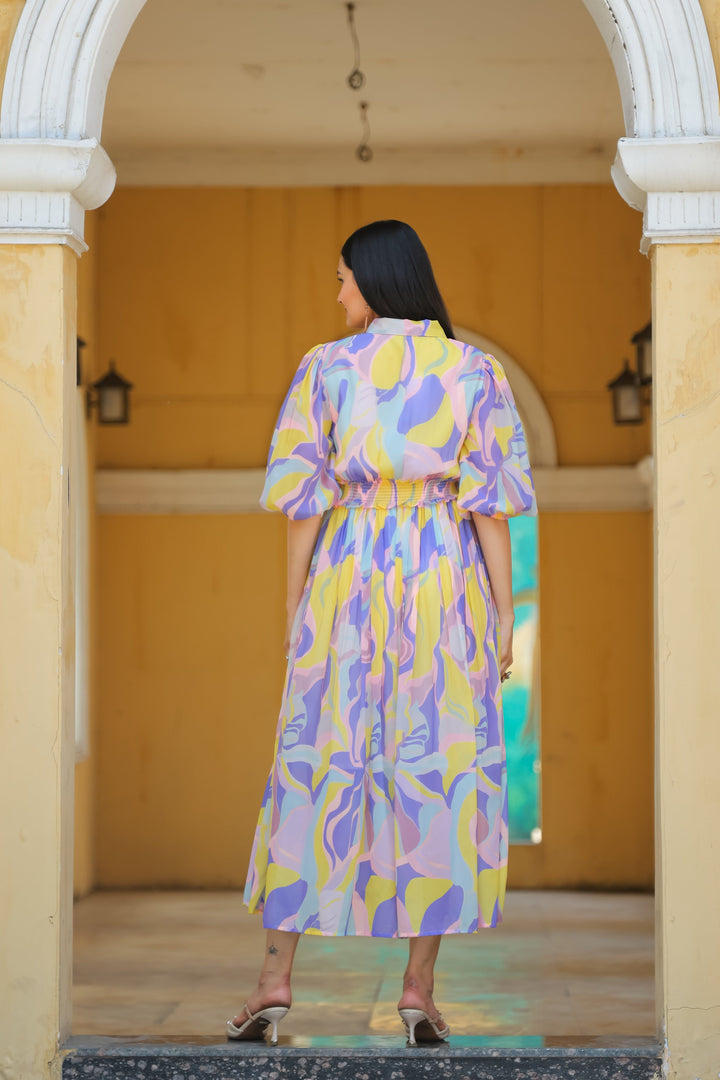 Chalky Yellow & Cold Purple Maxi Dress - Masakali.Co®