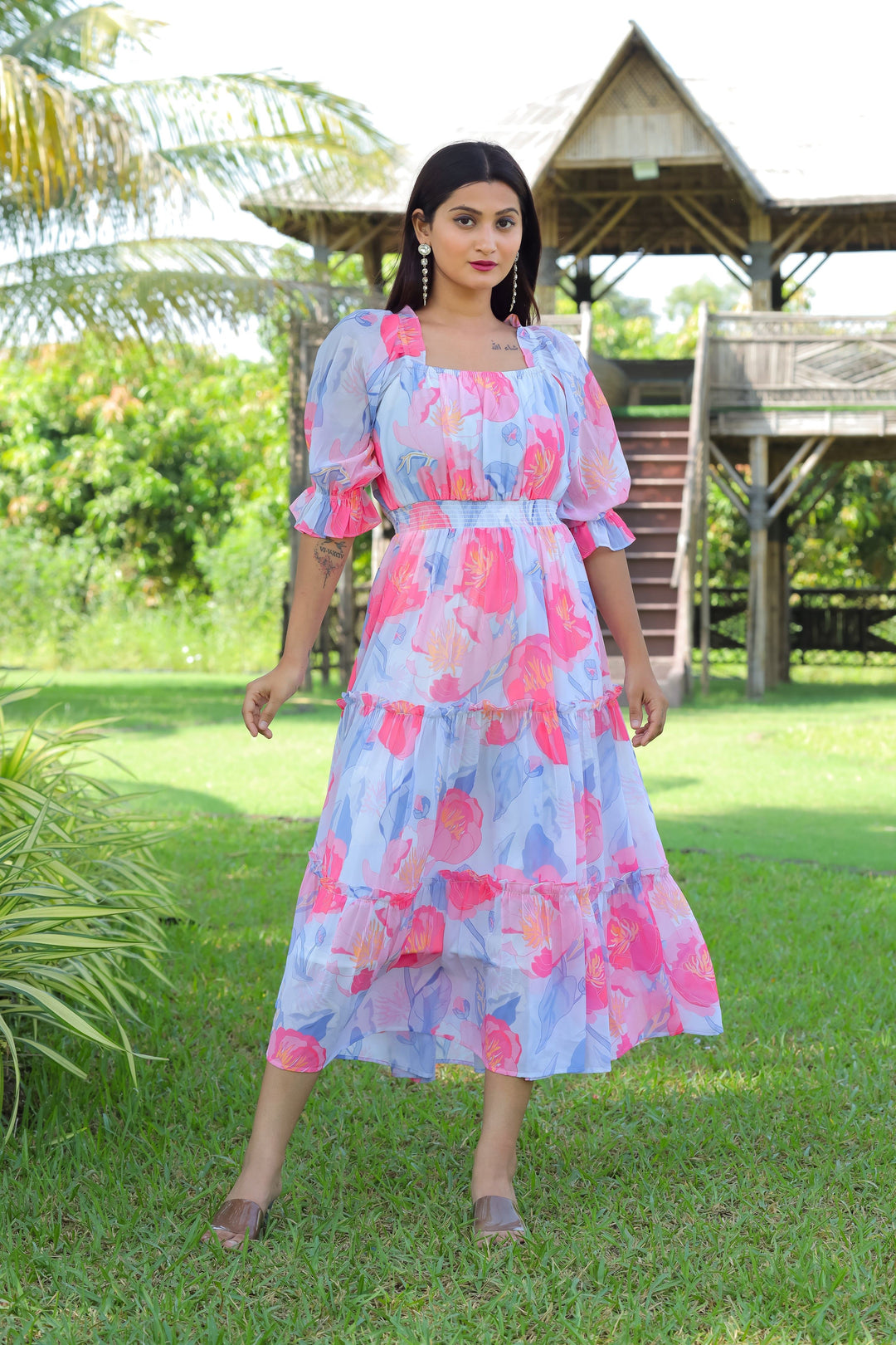 Cloudy Blue & Hot Pink Maxi Dress - Masakali.Co®