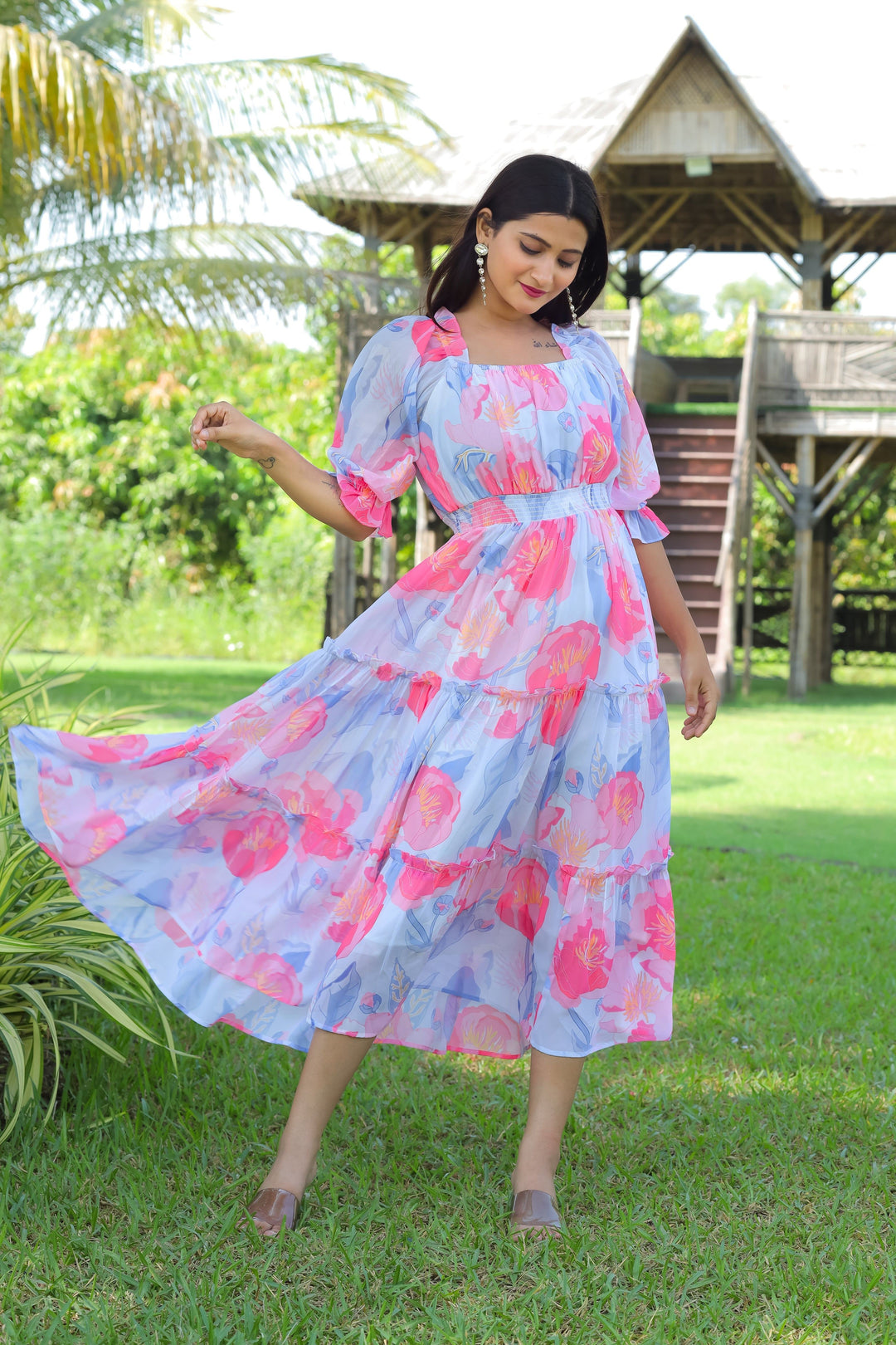 Cloudy Blue & Hot Pink Maxi Dress - Masakali.Co®