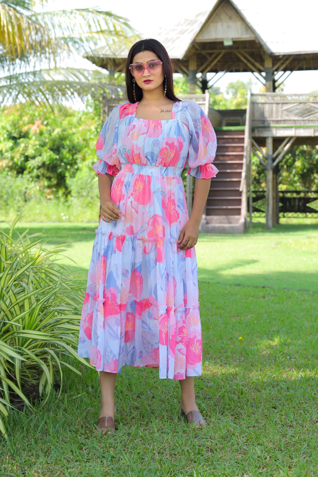 Cloudy Blue & Hot Pink Maxi Dress - Masakali.Co®