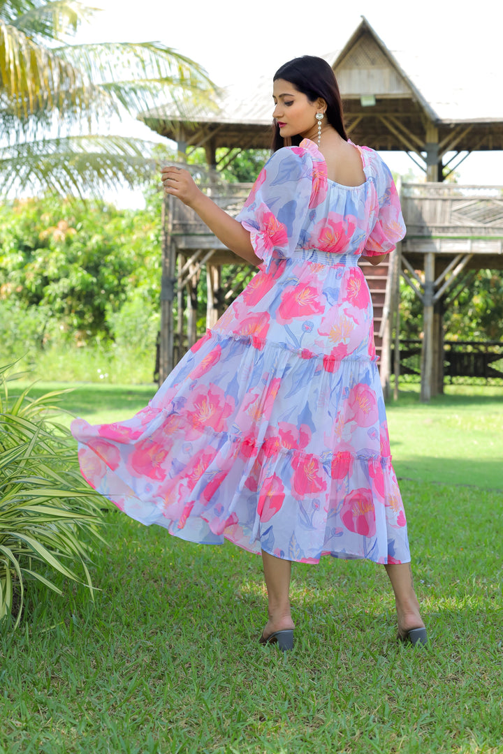 Cloudy Blue & Hot Pink Maxi Dress - Masakali.Co®