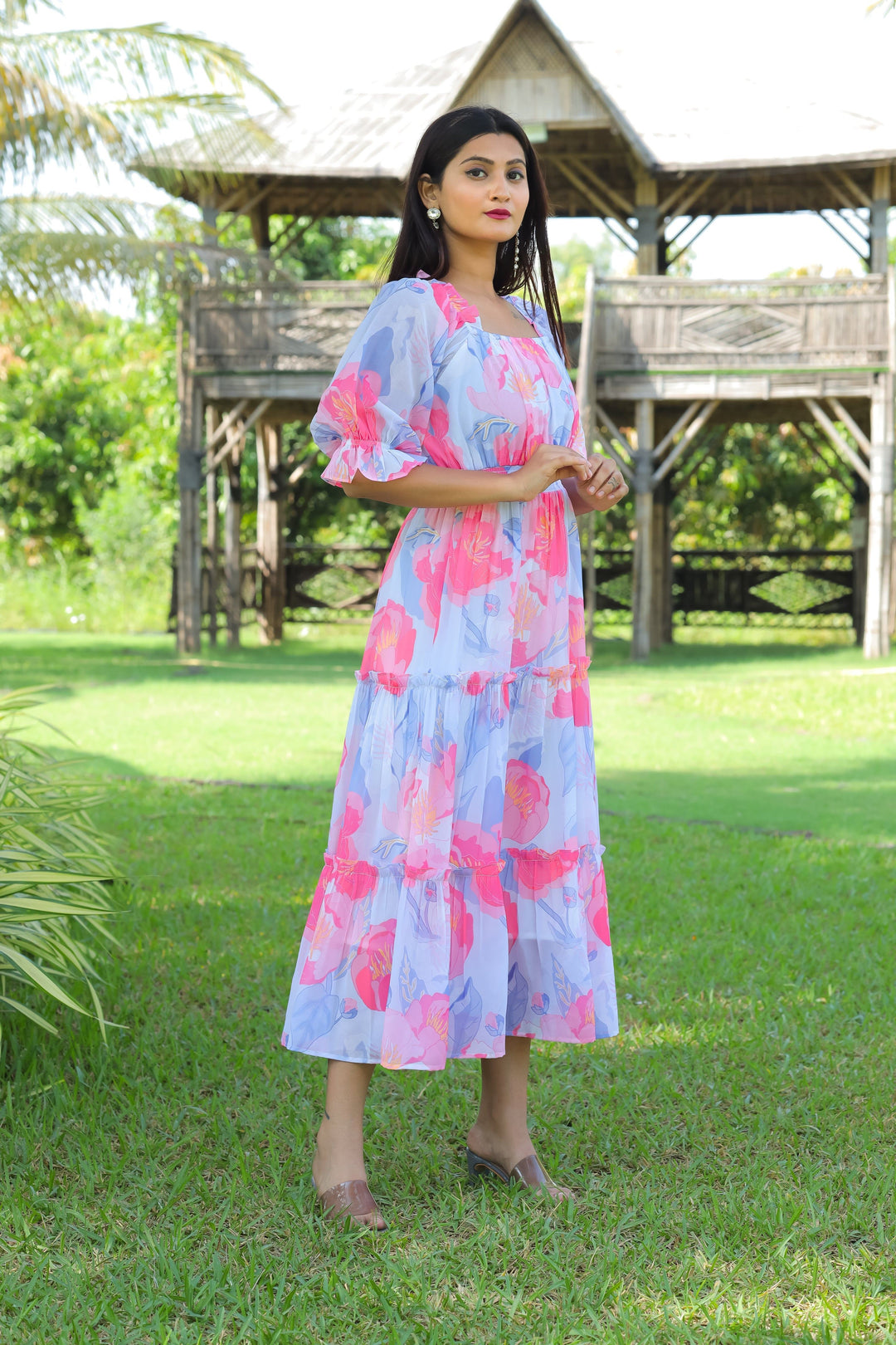 Cloudy Blue & Hot Pink Maxi Dress - Masakali.Co®