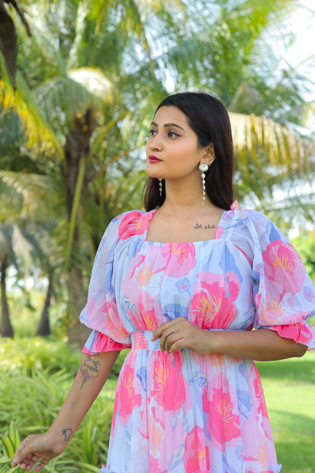 Cloudy Blue & Hot Pink Maxi Dress - Masakali.Co®