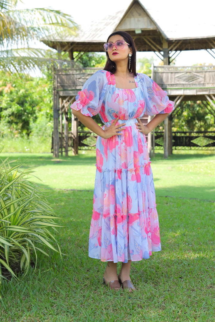 Cloudy Blue & Hot Pink Maxi Dress - Masakali.Co®