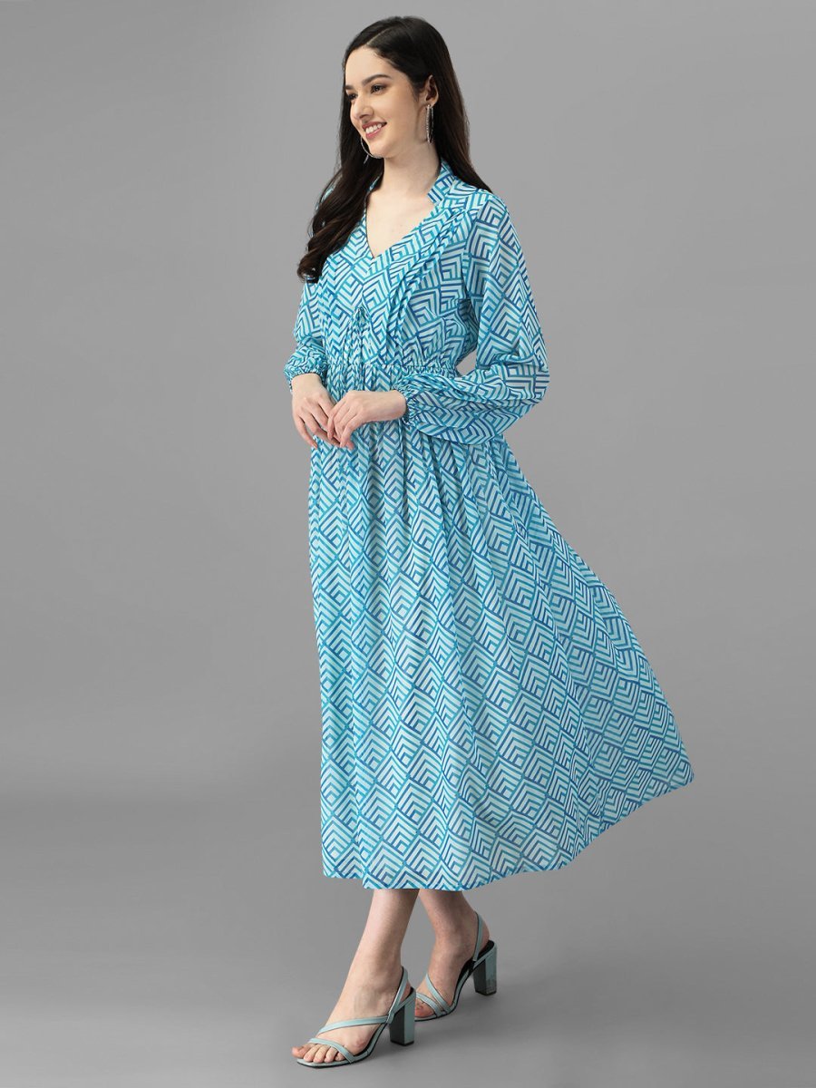 dresses for Women western wear Abstract Aqua Blue Maxi Dress - Masakali.Co®