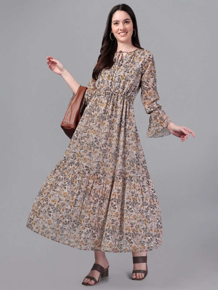 dresses for Women western wear Brown & Cream Maxi Dress - Masakali.Co®