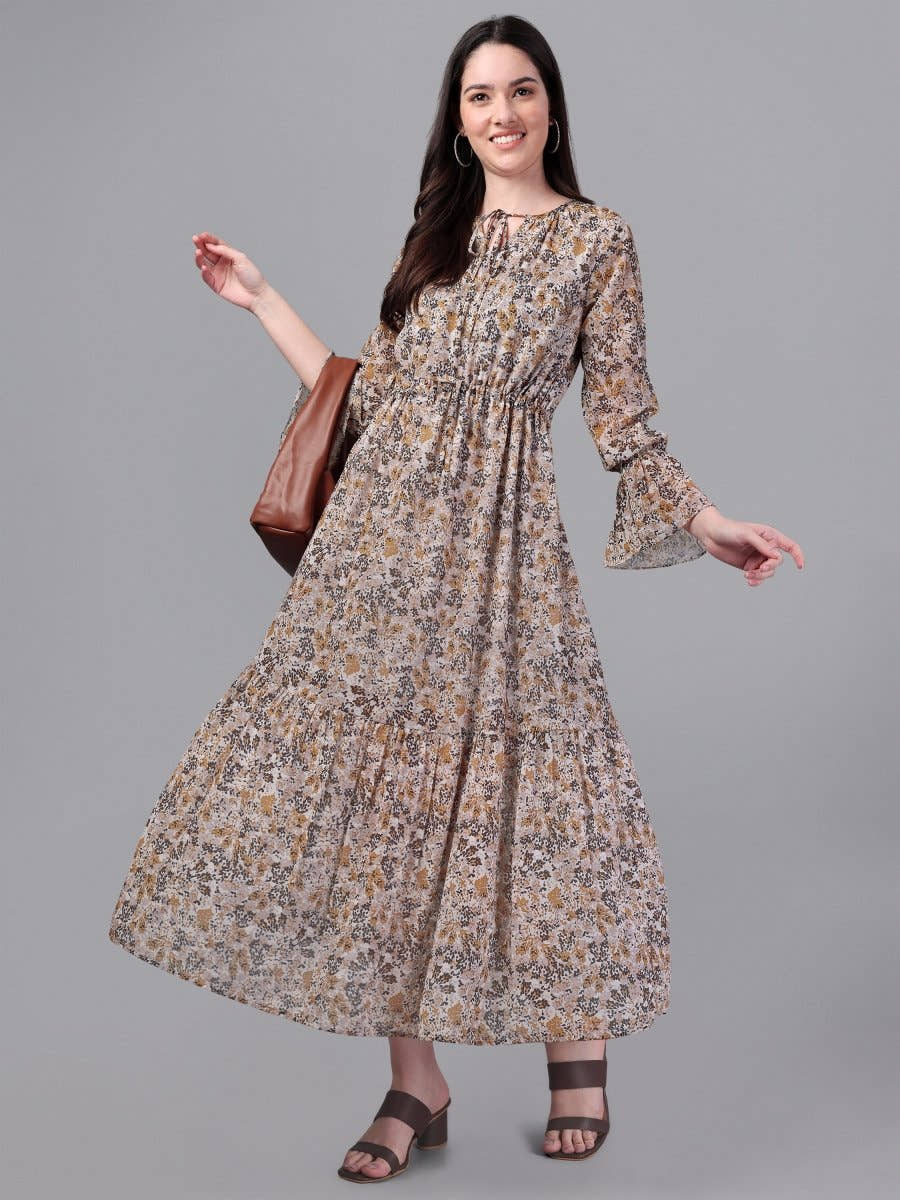 dresses for Women western wear Brown & Cream Maxi Dress - Masakali.Co®