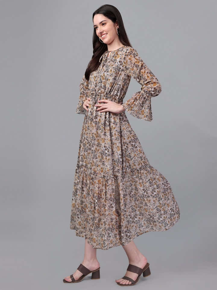 dresses for Women western wear Brown & Cream Maxi Dress - Masakali.Co®
