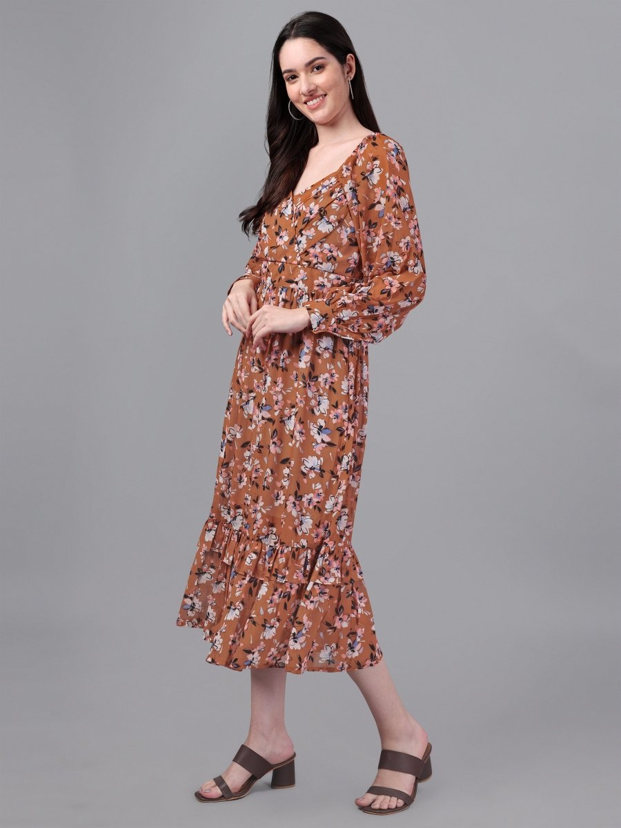 dresses for Women western wear Brown Floral Maxi Dress - Masakali.Co®