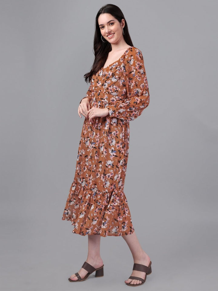 dresses for Women western wear Brown Floral Maxi Dress - Masakali.Co®