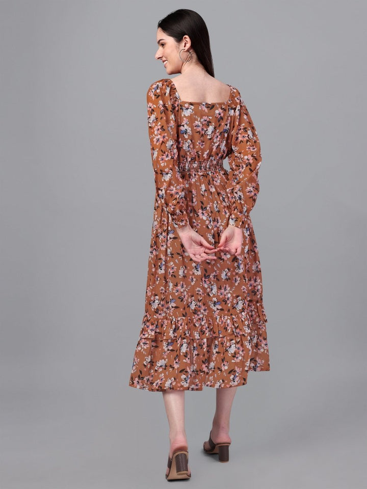 dresses for Women western wear Brown Floral Maxi Dress - Masakali.Co®