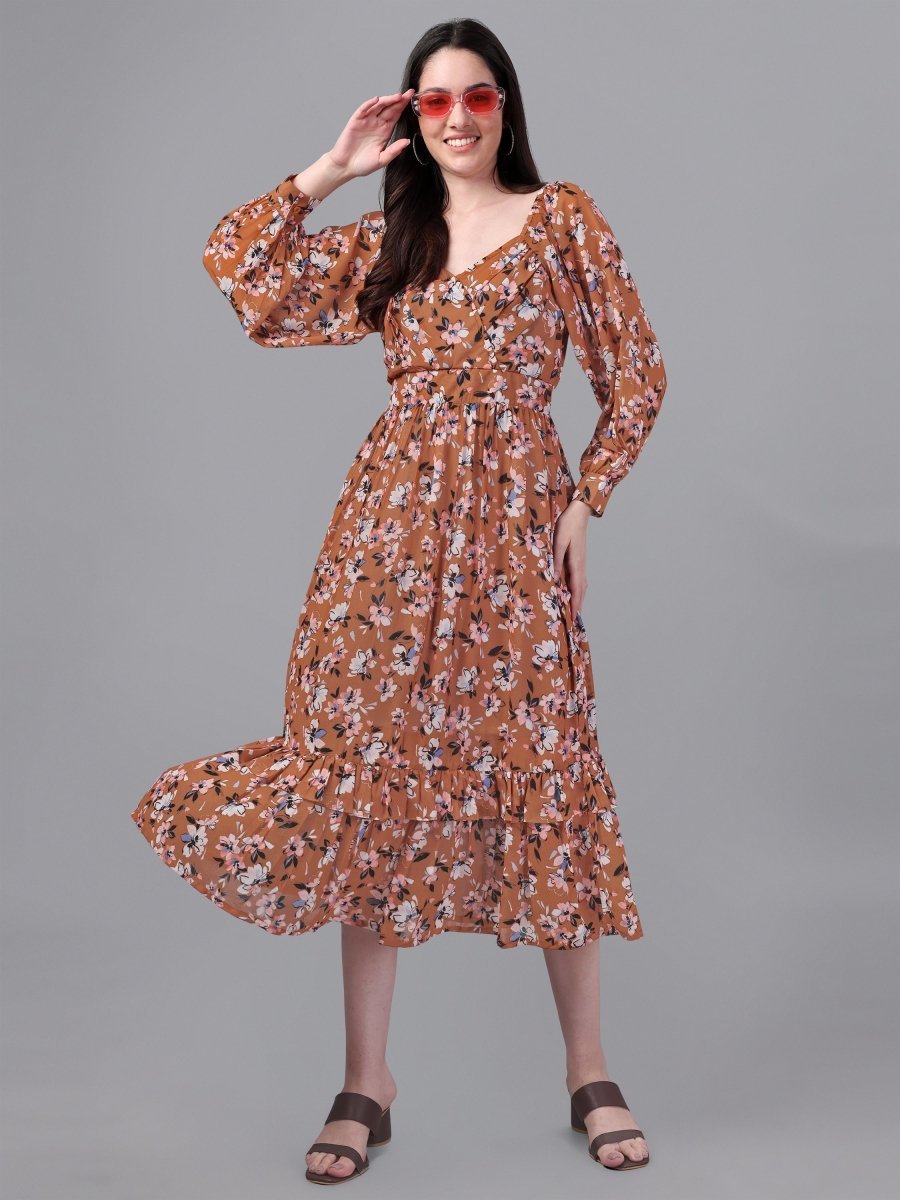 dresses for Women western wear Brown Floral Maxi Dress - Masakali.Co®