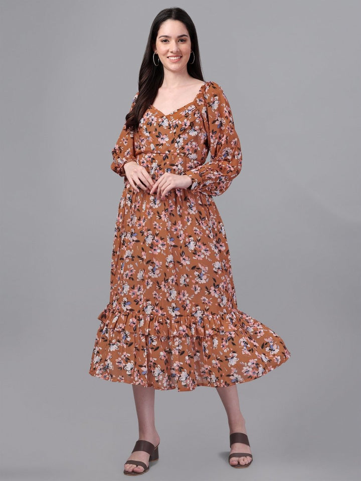 dresses for Women western wear Brown Floral Maxi Dress - Masakali.Co®