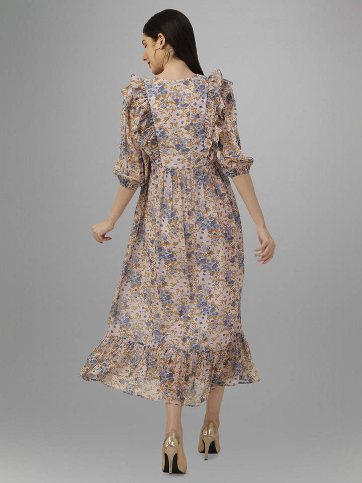 dresses for Women western wear Cream Floral Maxi Dress - Masakali.Co®